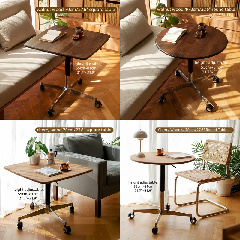Höhenverstellbarer Couchtisch aus Massivholz mit Universalrollen