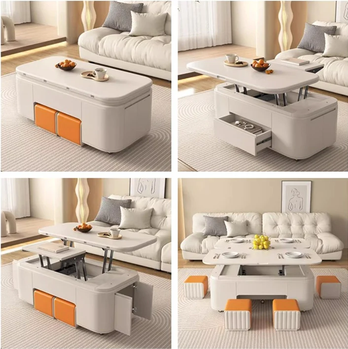 Multifunktionaler Couchtisch mit anhebbarer Tischplatte im minimalistischen Stil und Hockern