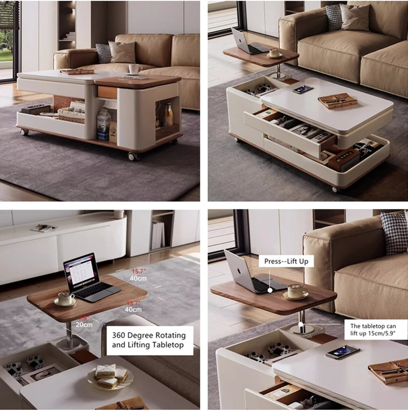 Moderner, leichter Luxus-Couchtisch mit anhebbarer und drehbarer Platte