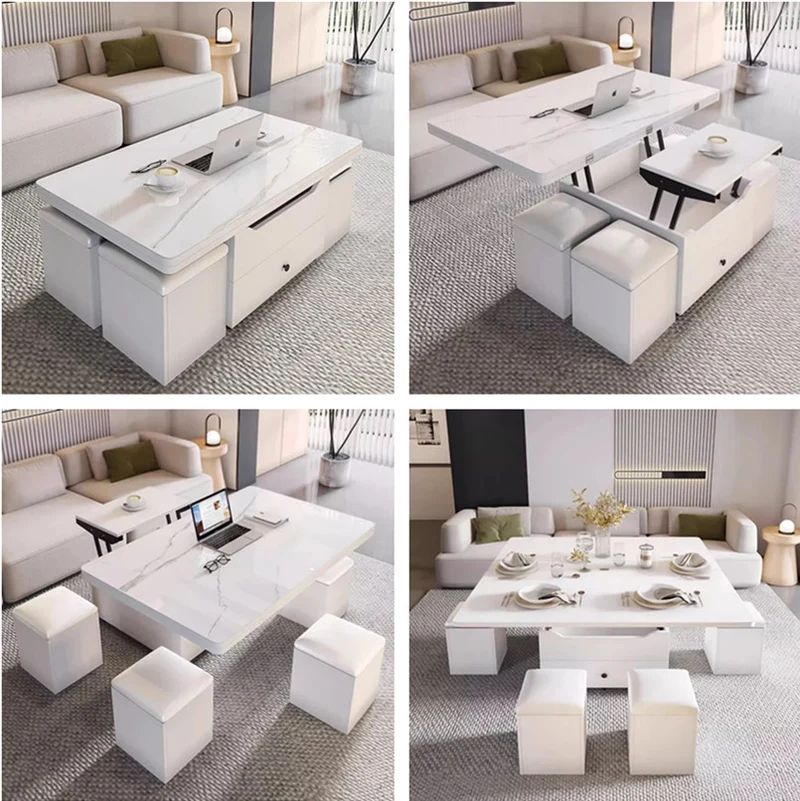Multifunktionaler Lift-Couchtisch mit 4 Aufbewahrungshockern