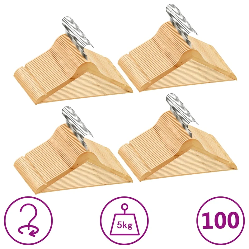 vidaXL – Kleiderbügel aus Hartholz im 100er-Set, mit Hosenstange, Kerben und drehbarem Haken, Hellbraun