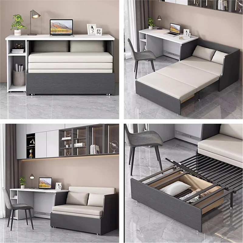 Platzsparendes Schlafsofa mit Stauraum darunter und Computertisch-Set