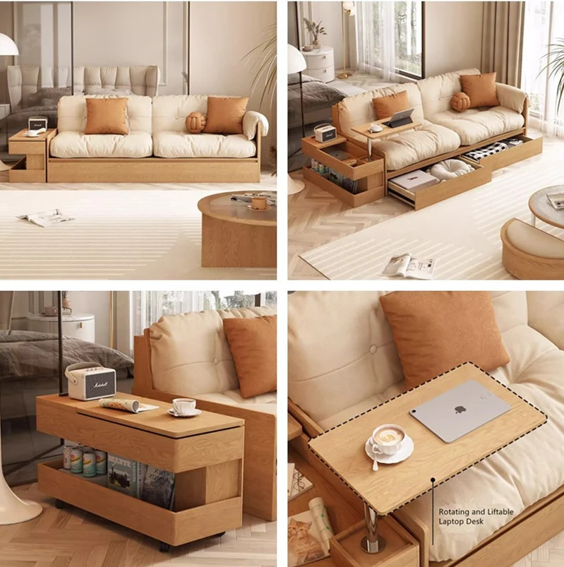 Multifunktionales High-Box-Sofa aus Stoff mit Armlehnen, Tisch und Schubladen