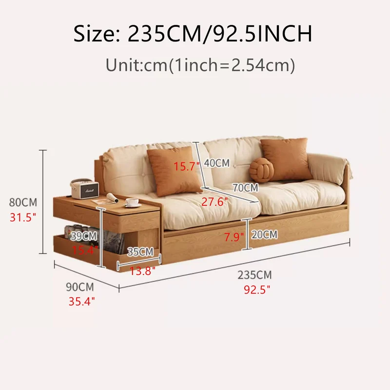 Multifunktionales High-Box-Sofa aus Stoff mit Armlehnen, Tisch und Schubladen