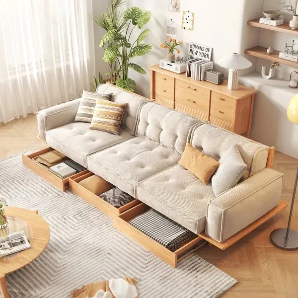 Japandi-Sofa aus Cordstoff mit Massivholzrahmen und Schubladen darunter