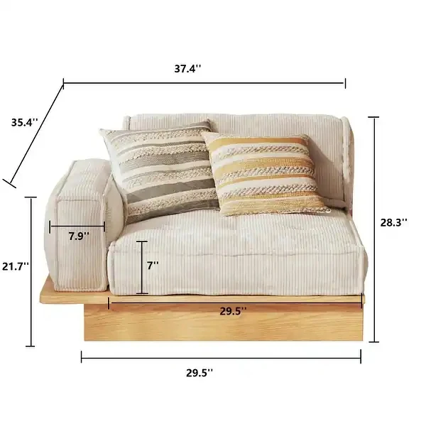 Japandi-Sofa aus Cordstoff mit Massivholzrahmen und Schubladen darunter