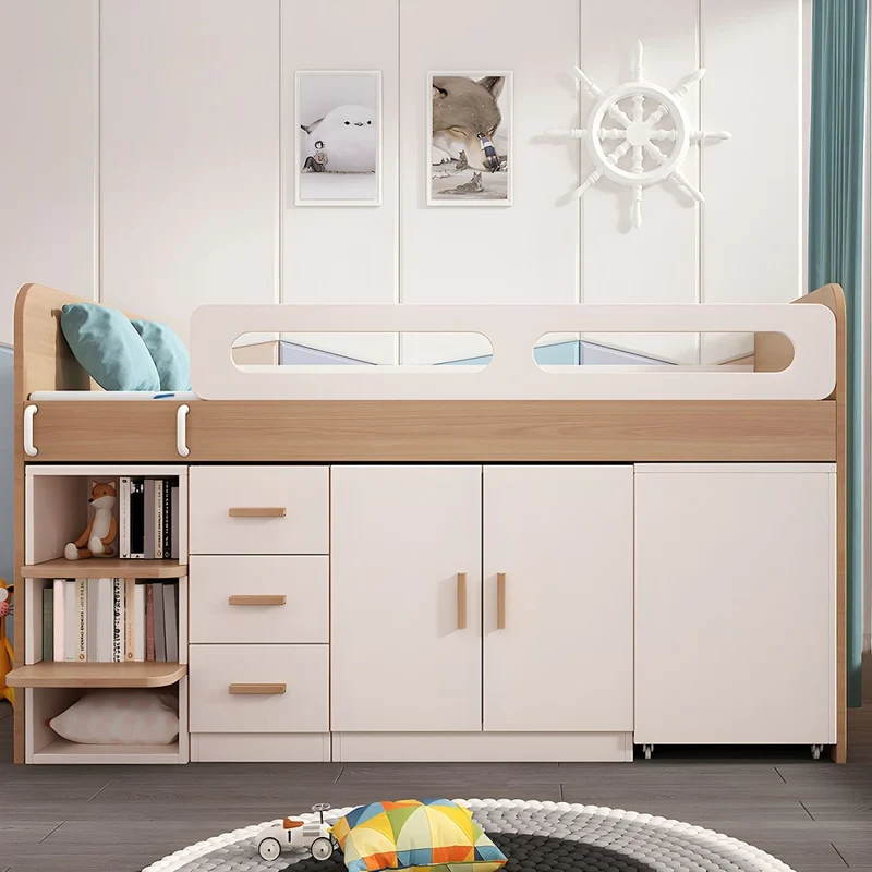Kinder-Hochbett aus Holz mit kleinem ausziehbarem Schreibtisch sowie Kleiderschrank und Aufbewahrungsschrank