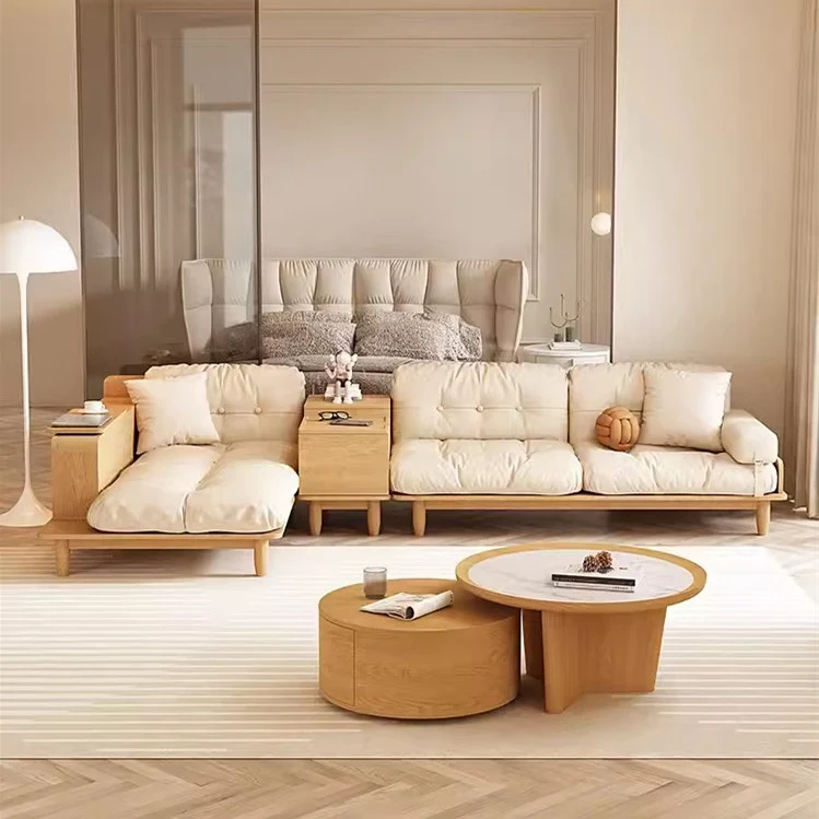 Japandi-Sofa aus Massivholz mit drehbarer Armlehnenablage und anhebbarem Beistelltisch