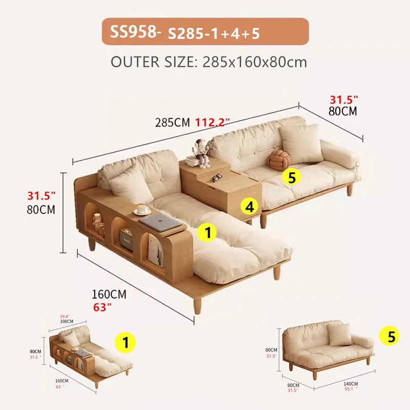 Japandi-Sofa aus Massivholz mit drehbarer Armlehnenablage und anhebbarem Beistelltisch