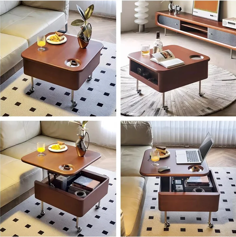 Anhebbarer Couchtisch aus Massivholz mit Stauraum und Universalrädern