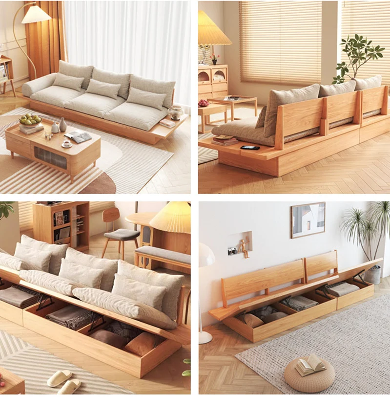Japandi-Sofa aus Massivholz mit Stauraum darunter