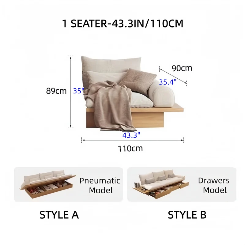 Japandi-Sofa aus Massivholz mit Stauraum darunter