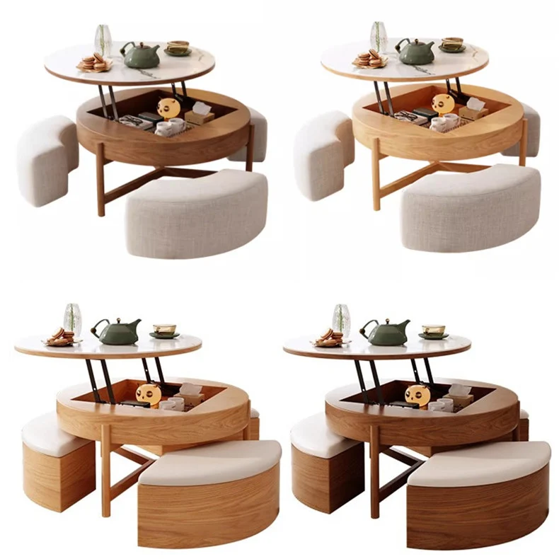 Runder Couchtisch mit Hubplatte, Stauraum und Ottomanen