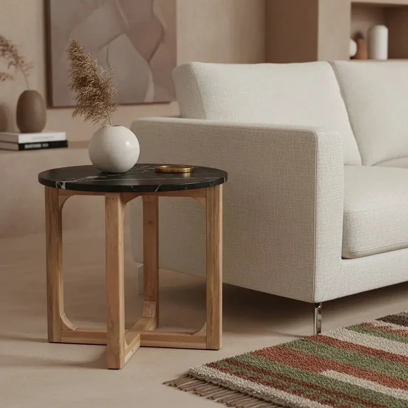 Runder Couch Beistelltisch Marmor Schwarz