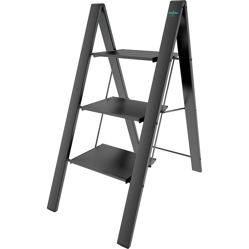 Colombo Leonardo 3 - Trittleiter, Trittleiter mit 3 Stufen, bis 150 kg Belastung, aus robustem, rostfreiem Aluminium, Schwarz