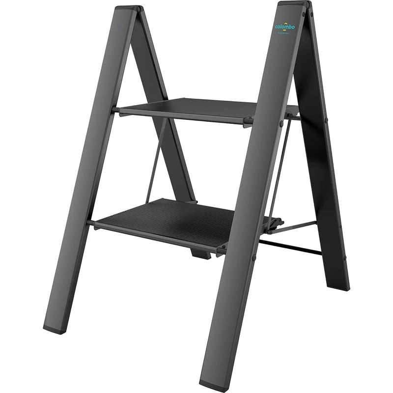 Colombo Leonardo 2 – Trittleiter mit 2 Stufen, klappbar, stabiler Aluminiumrahmen, bis 150 kg belastbar, rutschfest, leicht, Schwarz