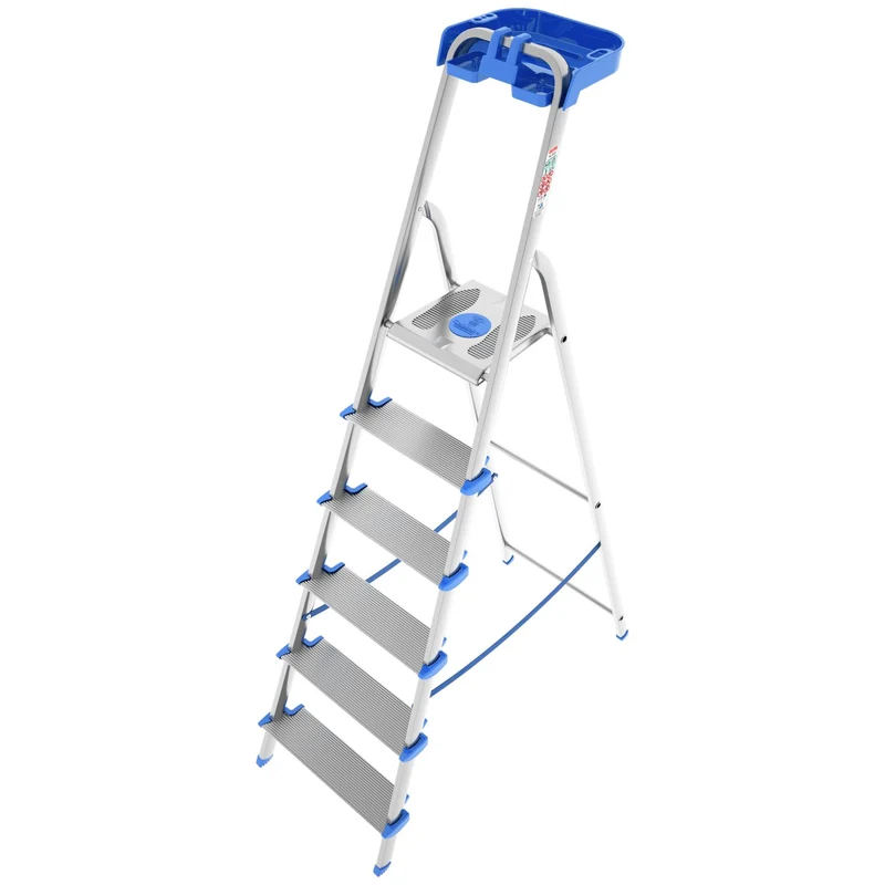 Colombo ATLANTICA - Trittleiter 6 Stufen, Klappleiter Alu, Extragroßer Stufe 12cm, Stufenleiter, mit Ablageschale, Max. Belastbar 150kg, Aluminium
