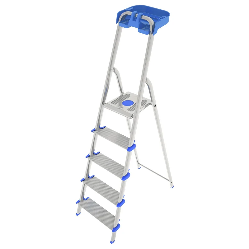 Colombo ATLANTICA - Trittleiter 5 Stufen, Klappleiter Alu, Extragroßer Stufe 12cm, Stufenleiter, mit Ablageschale, Max. Belastbar 150kg, Aluminium