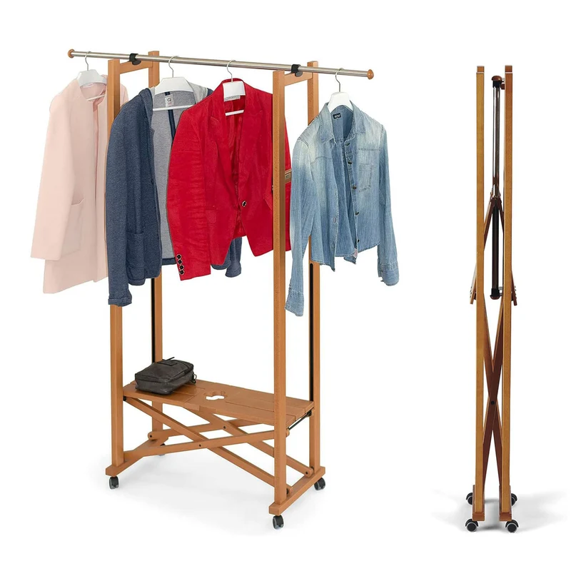 ARIT Elios – Kleiderständer aus Buchenholz auf Rollen, klappbar, ausziehbare Kleiderstange 78–140 cm, Kirschbaumfarbe, Made in Italy