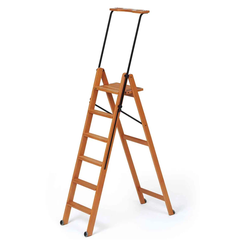 TUSCANIA 6 - Trittleiter, Holzleiter, 6 Stufen Trittleiter Holz, Rutschfeste Stufen, Sicherheitssystem, mit Rollen, Farbe Kirsche, Made in Italy