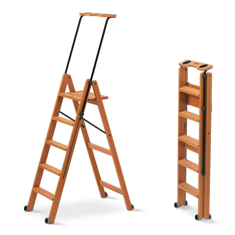Arit Tuscania 5 – Holz-Trittleiter mit 5 rutschfesten Stufen, Sicherheitssystem und Rollen, Buche, Kirschbaum-Finish, Made in Italy