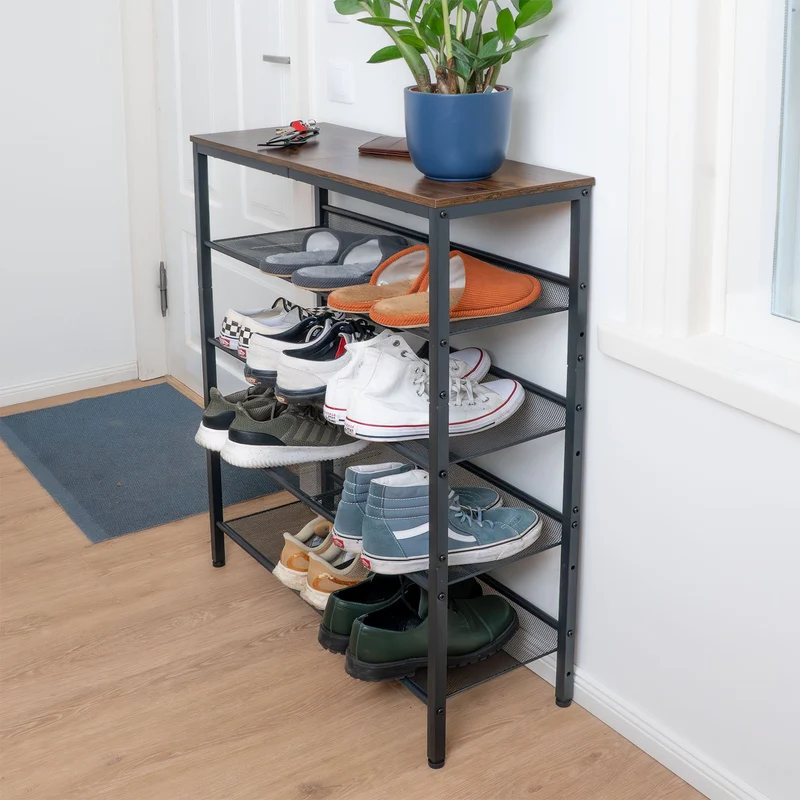 Tatkraft Otto – 5-stöckiges Schuhregal mit 4 verstellbaren Gitterablagen, schmal, 75 × 28 × 93 cm, Metall, Vintagebraun-Schwarz