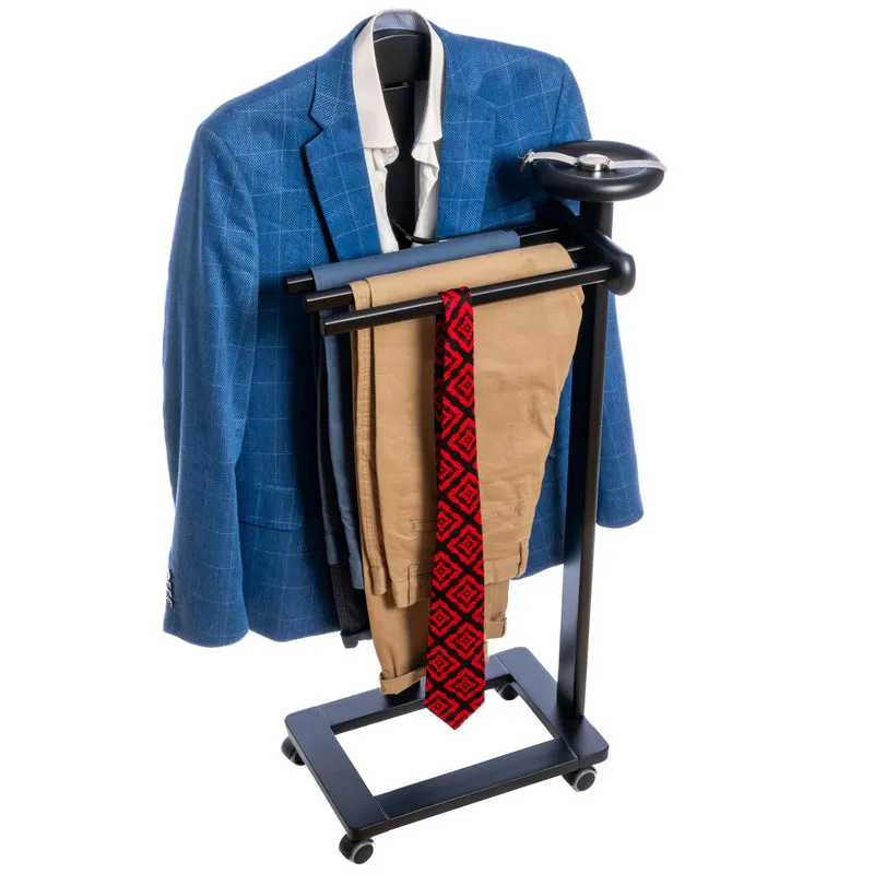 Tatkraft Baron – Herrendiener, Made in Italy, mit einem Kleiderbügel, drei Hosenhaltern, Ablage und Rollen, aus Buchenholz, Schwarz