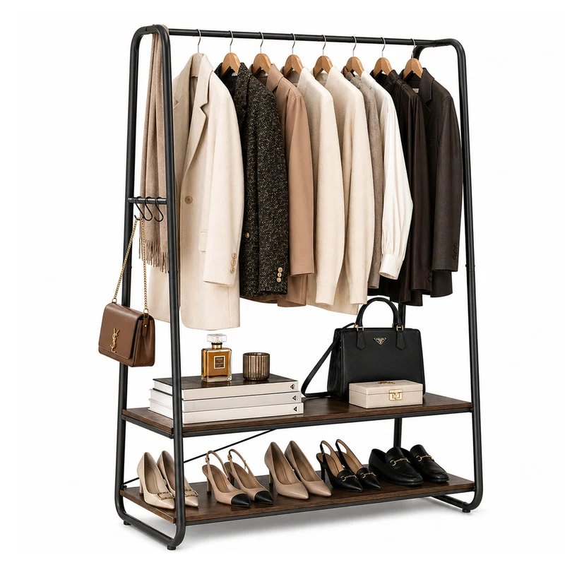 Tatkraft Anneli – Schwerlast-Kleiderständer, bis 170 kg, 100×45×160 cm, Garderobenständer Stabil, mit 2 Ablagen, 6 S-Haken, Schwarz/Rustikalbraun