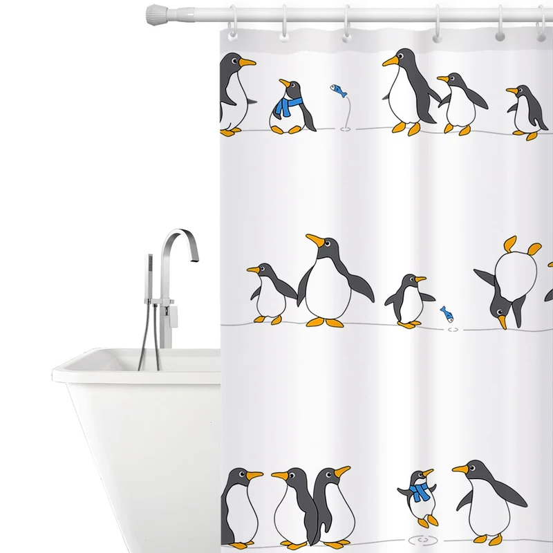 Tatkraft Penguins Duschvorhang mit 12 Vorhangringen, Textil Polyester, 180x180 cm