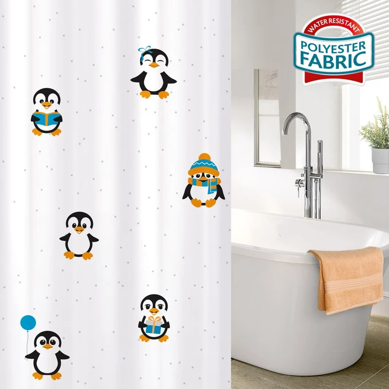 Tatkraft Funny Penguins - Duschvorhang, mit 12 Vorhangringen, Textil Polyester, 180x180 cm