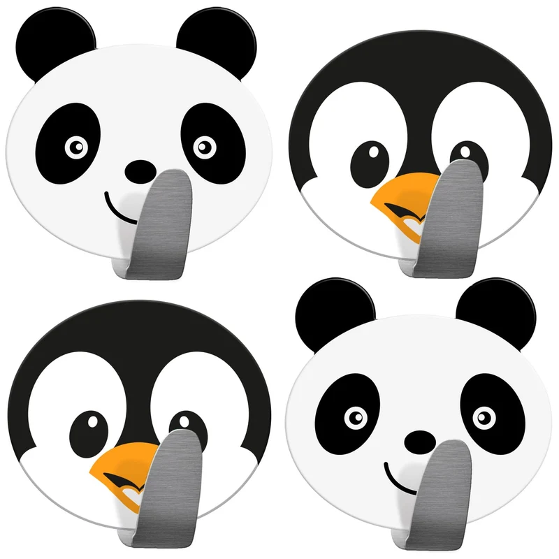 Tatkraft Friends 4er Pack Klebehaken Kinder, Handtuchhalter Aus Edelstahl, Panda Pinguin Design, Handtuchhaken Selbstklebend