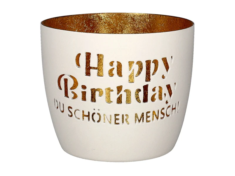 Giftcompany Madras Windlicht M Happy Birthday Du schöner Mensch weiß/gold 8,5cm