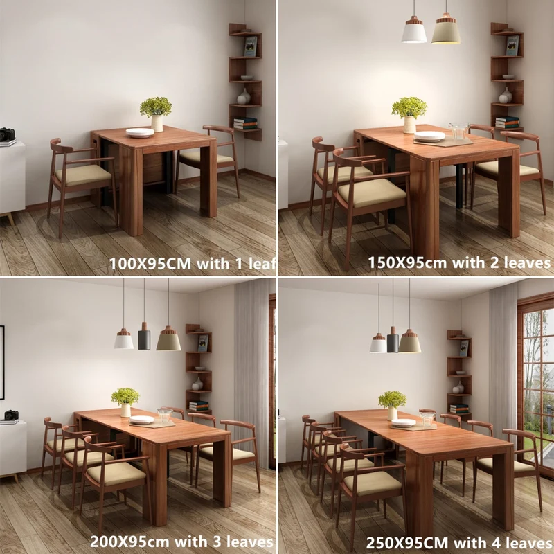 Platzsparender und ausziehbarer Tisch mit 4 Einlegeplatten