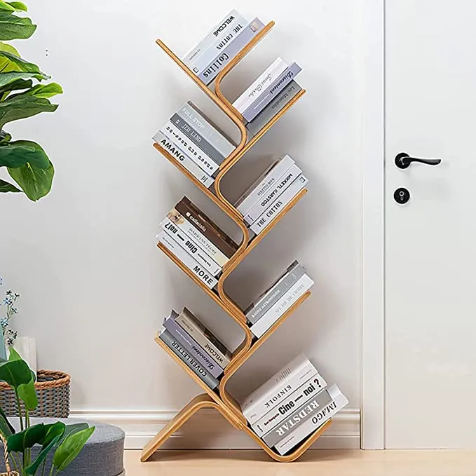 Modernes, bodenstehendes, gebogenes Baum-Bücherregal aus gebogenem Bambus
