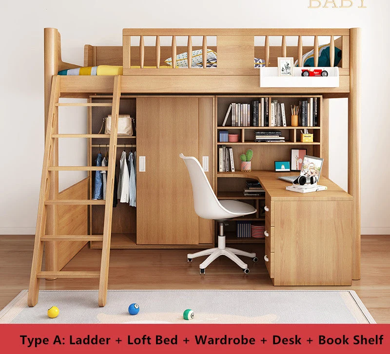 Hochbett mit Kleiderschrank und Bücherregal und Schreibtisch