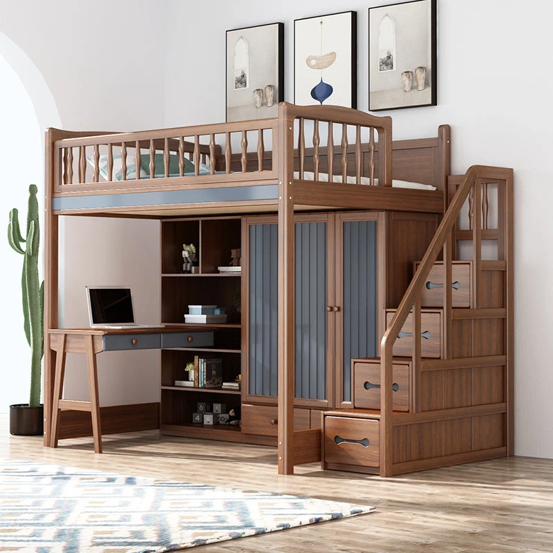 Hochbett aus Massivholz mit Kleiderschrank und Schreibtisch