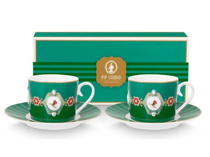 PIP STUDIO Love Birds Medallion Emerald-Green Tasse mit Untertasse 0,2l Set2