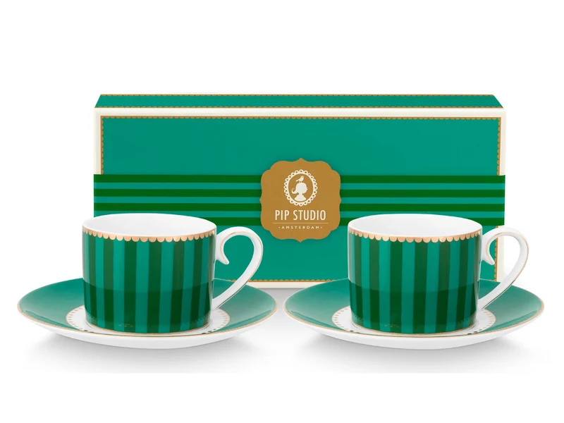 PIP STUDIO Love Birds Stripes Emerald-Green Espressotasse mit Untertasse 0,125l Set2