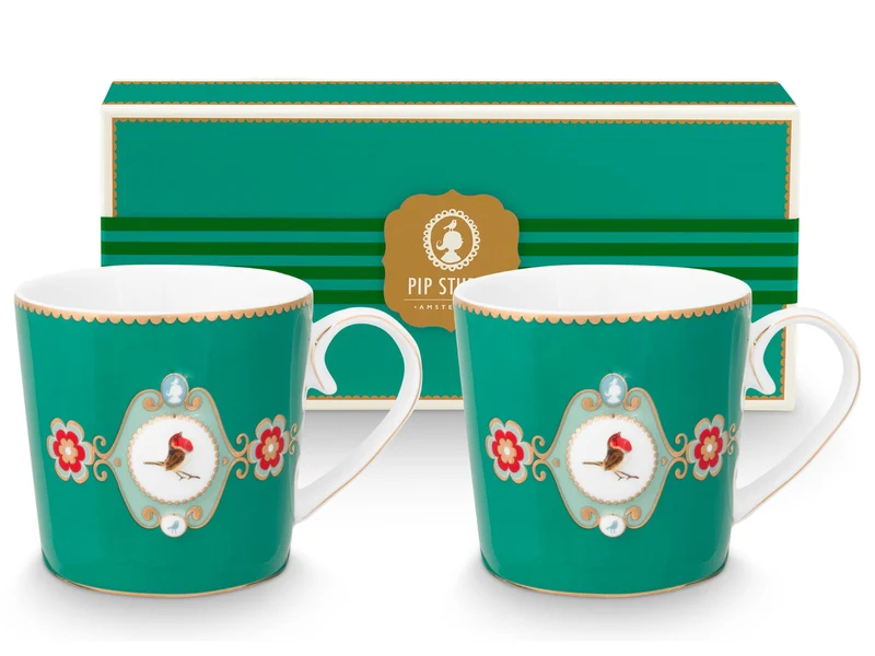 PIP STUDIO Love Birds Medallion Emerald Henkelbecher Large 0,25l Set2