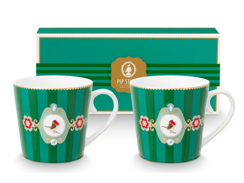 PIP STUDIO Love Birds Medallion Stripes Emerald-Green Henkelbecher Large 0,25l Set2