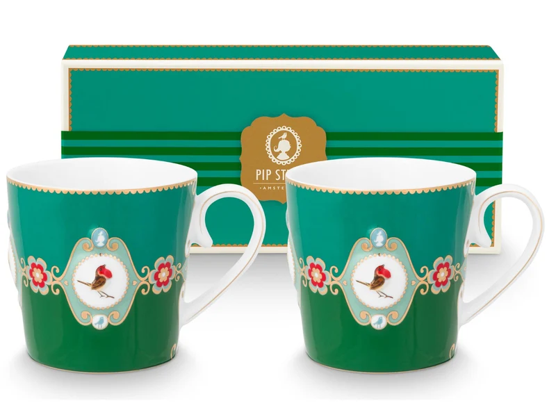 PIP STUDIO Love Birds Medallion Emerald-Green Henkelbecher Large 0,25l Set2
