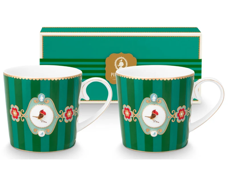 PIP STUDIO Love Birds Medallion Stripes Emerald-Green Henkelbecher Small 0,15l Set2