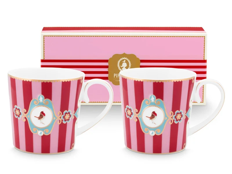 PIP STUDIO Love Birds Medallion Stripes Red-Pink Henkelbecher Small 0,15l Set2