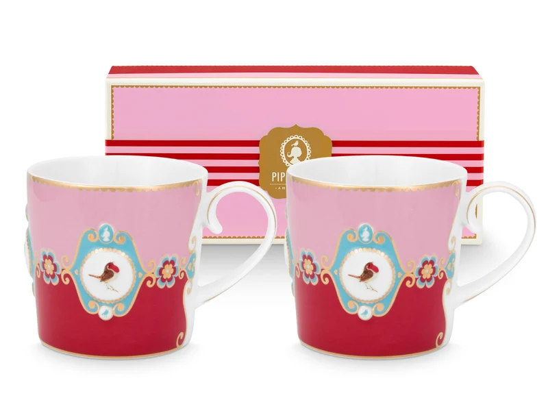 PIP STUDIO Love Birds Medallion Red-Pink Henkelbecher Small 0,15l Set2