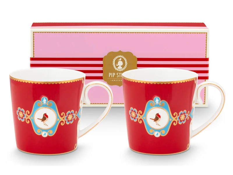 PIP STUDIO Love Birds Medallion Red Henkelbecher Large 0,25l Set2