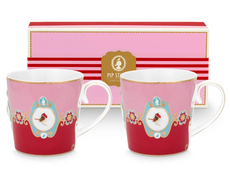 PIP STUDIO Love Birds Medallion Red-Pink Henkelbecher Large 0,25l Set2