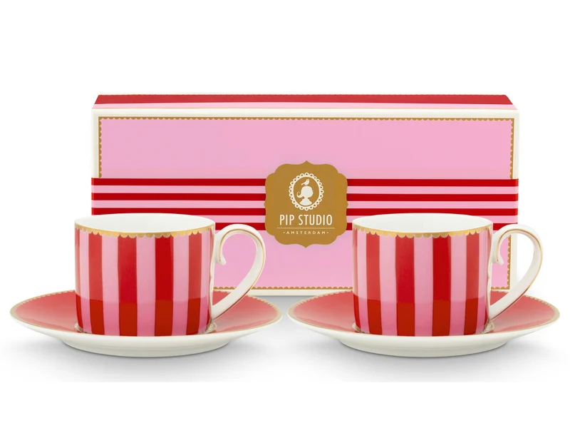 PIP STUDIO Love Birds Stripes Red-Pink Espressotasse mit Untertasse 0,125l Set2