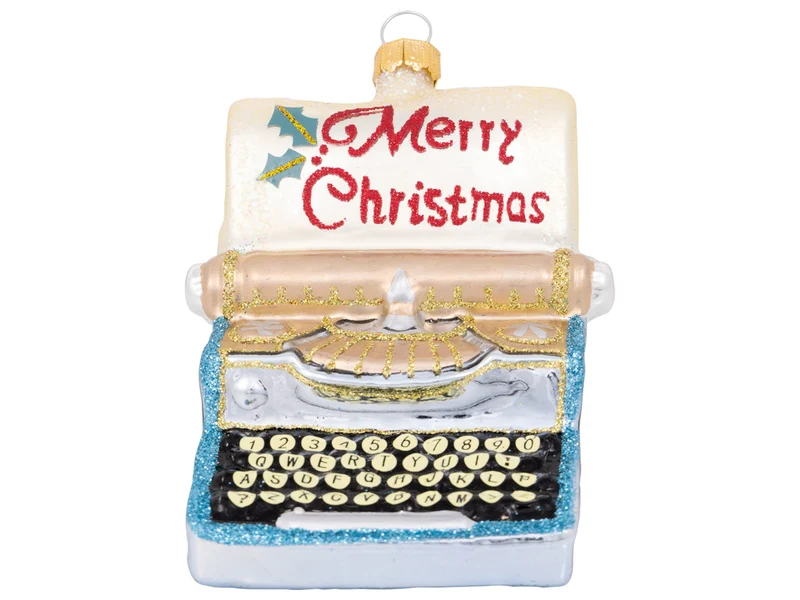 Greengate Anhänger Glas Schreibmaschine Merry Xmas pale blue 9cm