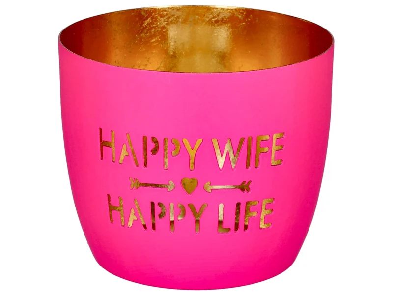 Giftcompany Madras Windlicht M Happy wife, happy life hot pink/gold 8,5cm