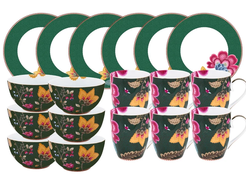 PIP STUDIO Fantasy Green Frühstücks Set Henkelbecher 18tlg